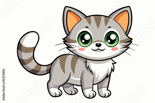 Cartoon Gray Tabby Cat with Big Green Eyes and a Striped Tail