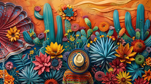 Hispanic Heritage month background. Back view of a man wearing a sombrero hat is watching a wall art of cactus and desert in high relief art style.