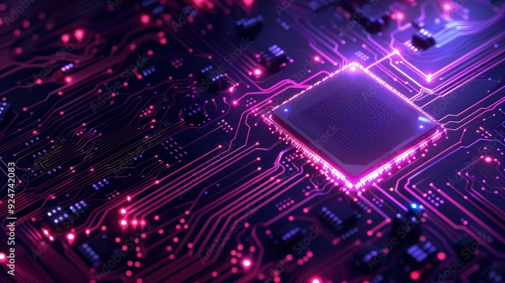 Circuit board microchips with pink and purple backlight. Nanotechnology sustainable background. Circuit board microchips with pink and purple backlight. Nanotechnology sustainable background.