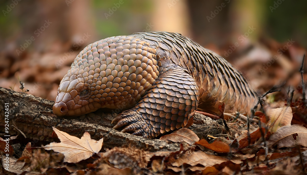 High-detail pangolin in defensive ball posture, realistic close-up on forest floor with leaves High-detail pangolin in defensive ball posture, realistic close-up on forest floor with leaves