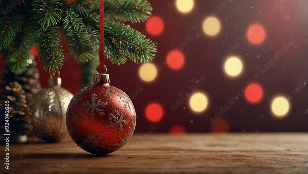 Festive background with a hanging red Christmas ornament adorned with snowflakes, against a bokeh light effect.