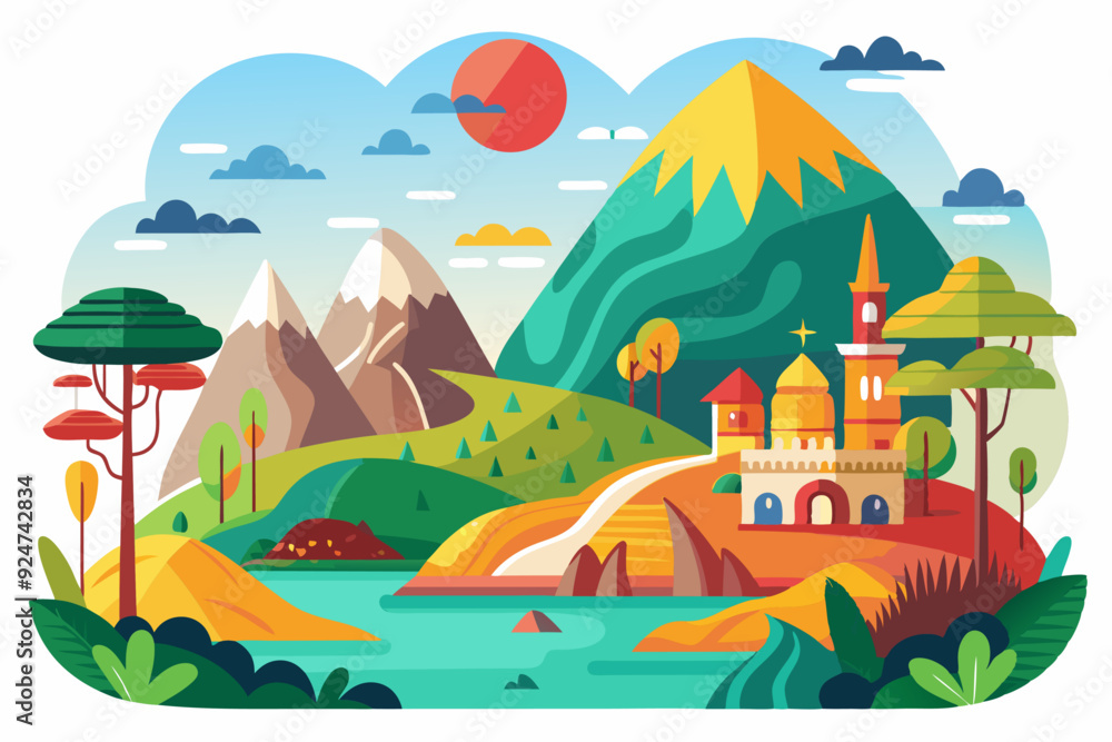 Naklejka premium A Picturesque Mountain Landscape with a Majestic Castle