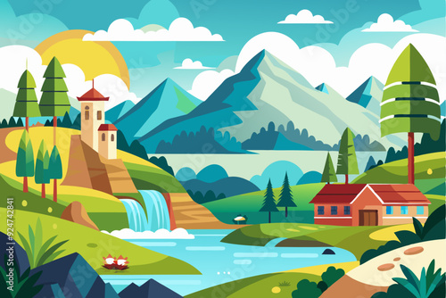 Picturesque Mountain Landscape with a Waterfall, a House, and Lush Greenery