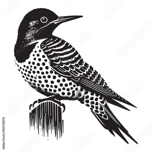 Northern flicker silhouette, Woodpecker  Bird Clipart,  Northern Flicker Looking sideways illustration in black and white