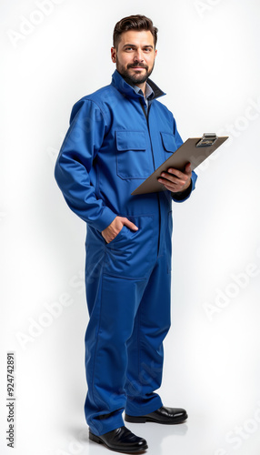 A man in a blue coverall suit holding a clipboard standing against a white background.