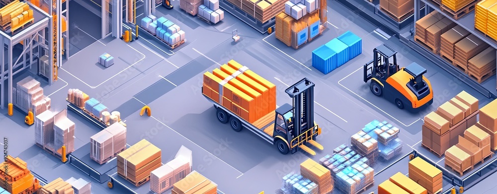 An isometric view of a warehouse's internal logistics system, where IoT-powered forklifts and trucks move with precision and speed, optimizing space and time An isometric view of a warehouse's internal logistics system, where IoT-powered forklifts and trucks move with precision and speed, optimizing space and time