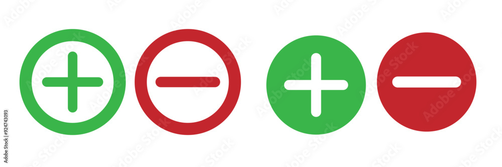 Obraz premium Round plus and minus icons set with different thicknesses. Vector. 