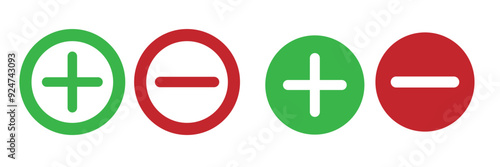 Round plus and minus icons set with different thicknesses. Vector.
