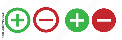 Round plus and minus icons set with different thicknesses. Vector.
