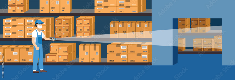 Night shift at warehouse. Warehouse activity illustration. Logistics distribution service. Warehouse storage. Warehouse worker last checking storehouse. Night shift work. Night shift at warehouse. Warehouse activity illustration. Logistics distribution service. Warehouse storage. Warehouse worker last checking storehouse. Night shift work.