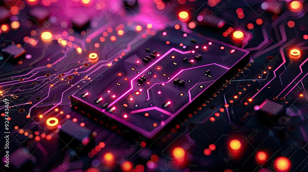 Circuit board microchips with pink and purple backlight. Nanotechnology sustainable background. Circuit board microchips with pink and purple backlight. Nanotechnology sustainable background.
