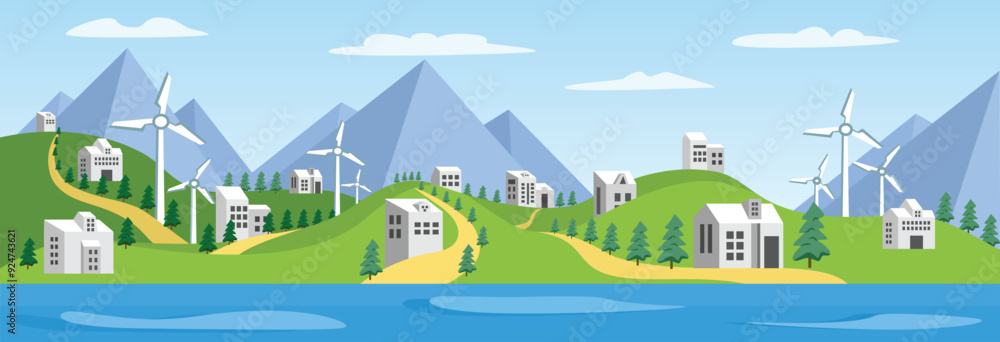 Clean energy vector stock. Wind turbine landscape art. Wind power turbine. Hill vector illustration. Mountain view vector art. Future eco city. Urban landscape. Clean energy vector stock. Wind turbine landscape art. Wind power turbine. Hill vector illustration. Mountain view vector art. Future eco city. Urban landscape.