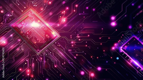 Circuit board microchips with pink and purple backlight. Nanotechnology sustainable background.