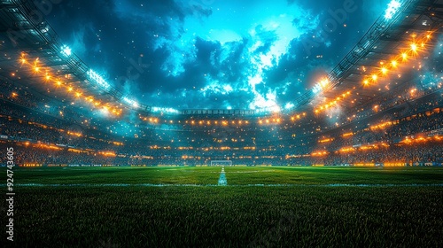 A large empty stadium with fans shouting enthusiastically before the match. Brightly lit lawn ready for the game. photo