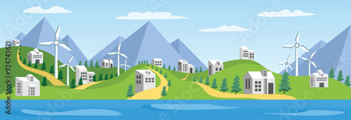 Clean energy vector stock. Wind turbine landscape art. Wind power turbine. Hill vector illustration. Mountain view vector art. Future eco city. Urban landscape.