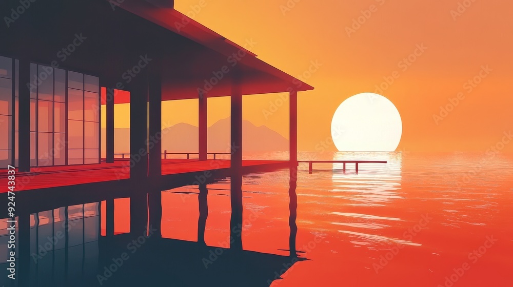 A serene sunset view over calm waters, featuring a modern structure on stilts, reflecting warm colors. A serene sunset view over calm waters, featuring a modern structure on stilts, reflecting warm colors.