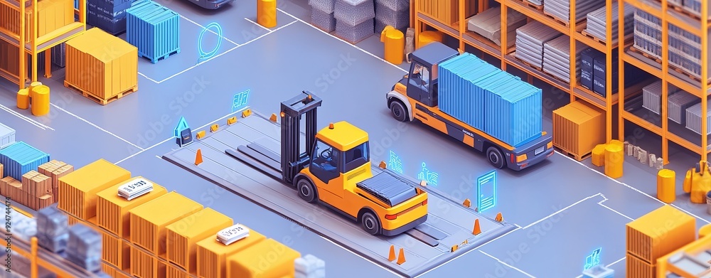 Obraz premium A futuristic isometric design of a warehouse where IoT sensors guide forklifts and trucks through efficient routes, emphasizing the benefits of modern technology in logistics