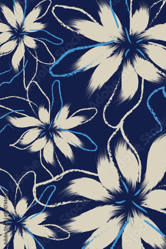 A Simple soft white textile tropical bicolor flower and leaves miniprint animal geometric textile clothes. and  flower print with hand drawn wild plants