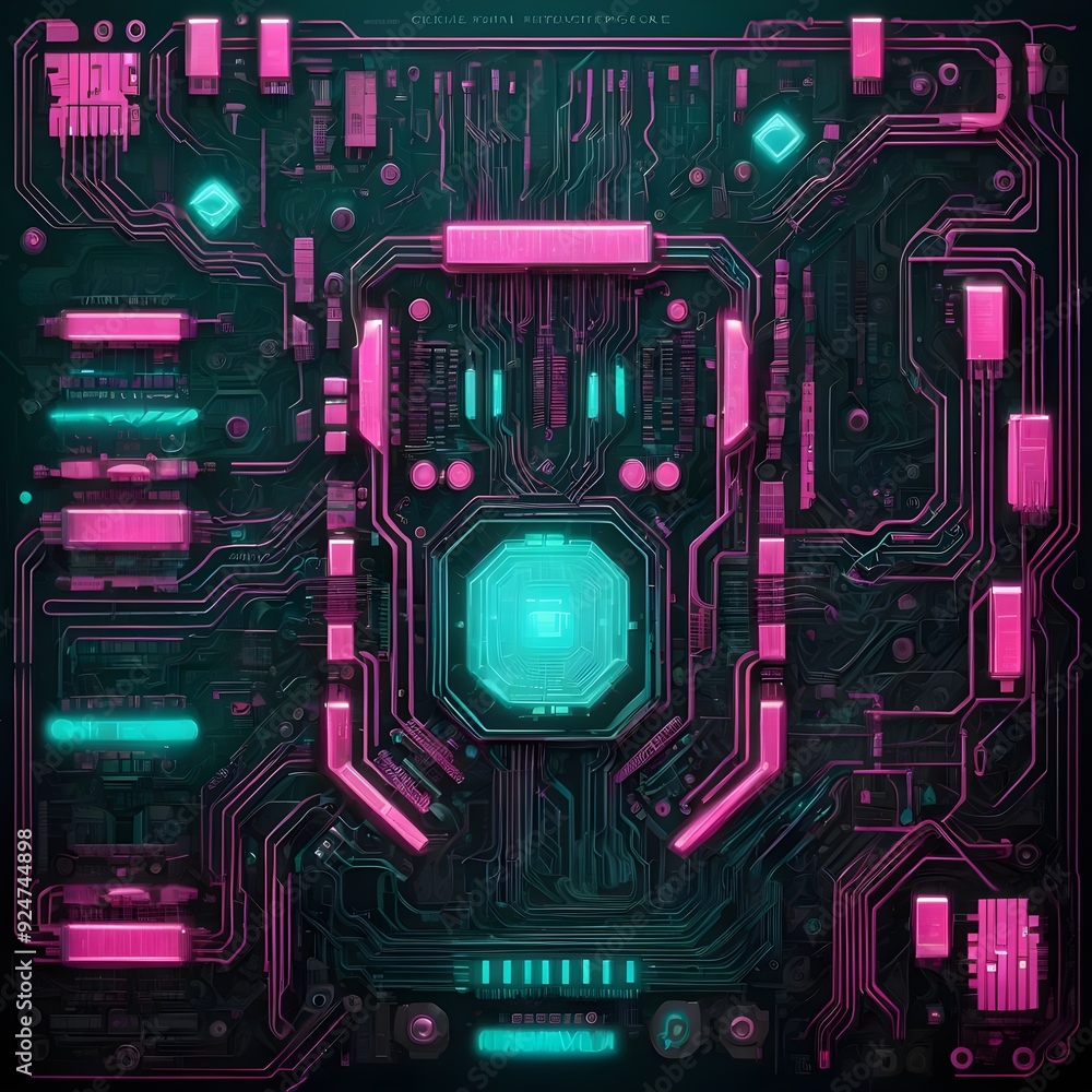 Fototapeta premium Cyberpunk Futuristic Circuit Board: Glowing Pink and Turquoise Tech Glyphs on Dark Metallic Surface, Ultra-Detailed Abstract
