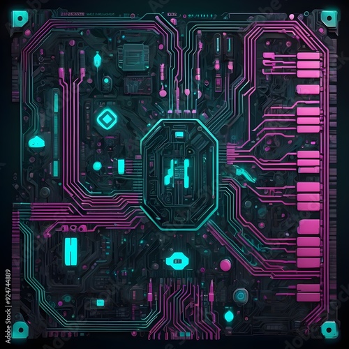 Cyberpunk Futuristic Circuit Board: Glowing Pink and Turquoise Tech Glyphs on Dark Metallic Surface, Ultra-Detailed Abstract