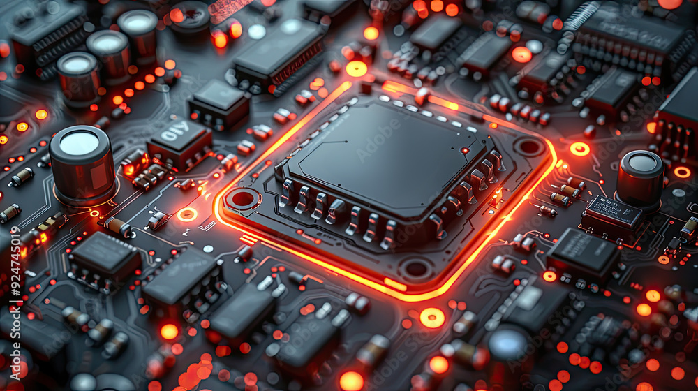 Circuit board microchips with red backlight. Nanotechnology sustainable background. Circuit board microchips with red backlight. Nanotechnology sustainable background.