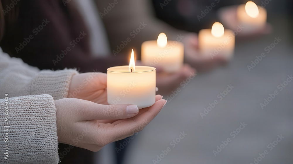 A solemn candlelight vigil at dusk, people holding candles in remembrance, soft glow of flames, close-up of hands, shallow depth of field, warm lighting, photo-realistic