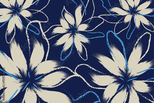 A Simple white flower print with hand drawn wild plants.  textile tropical bicolor flower and leaves miniprint animal geometric textile cloth