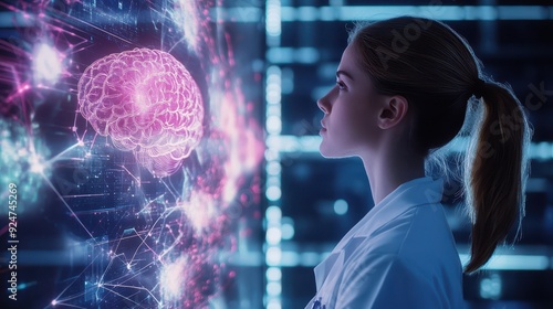 Researcher in a lab coat examining brain wave data on a futuristic holographic screen