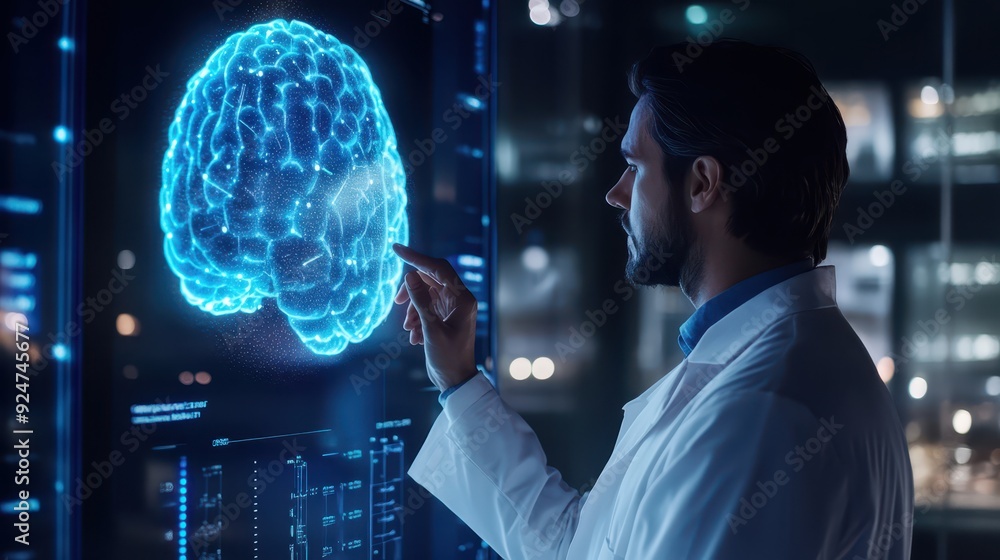 Researcher in a lab coat examining brain wave data on a futuristic holographic screen Researcher in a lab coat examining brain wave data on a futuristic holographic screen