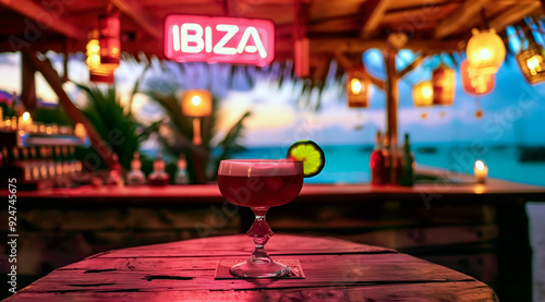 An enchanting Ibiza beach bar during sunset, with a tropical drink in focus against a backdrop of glowing lights and a serene beach scene, capturing the essence of this famous island destination.