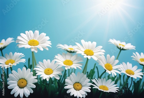 Colorful spring daisies background with white copy space above.