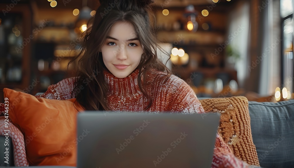 Woman relaxes on sofa, laptop in hand. Woman relaxes on sofa, laptop in hand.