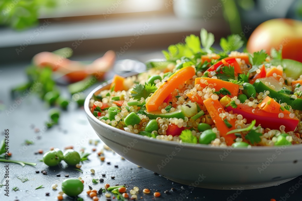 A vibrant quinoa salad filled with colorful vegetables, showcasing healthy eating. A vibrant quinoa salad filled with colorful vegetables, showcasing healthy eating.