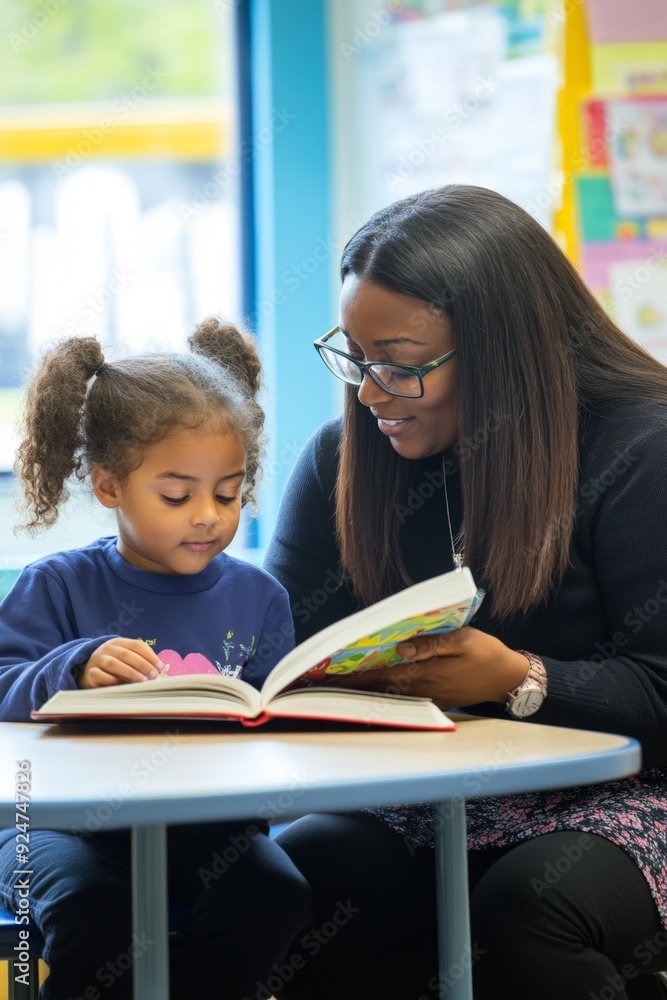 Obraz premium A primary school teacher helping a young student with reading, sitting together at a small table with books open