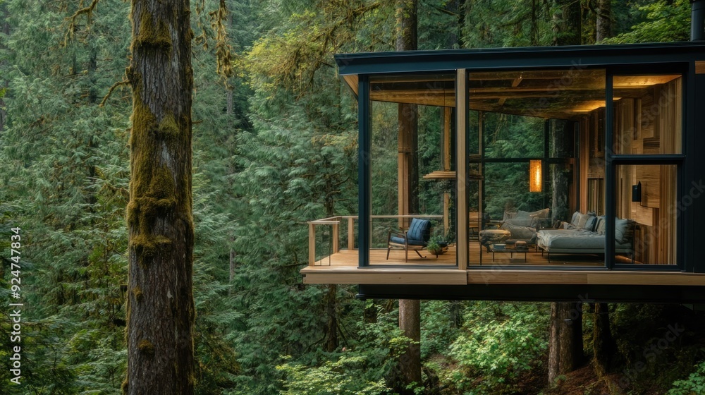 Modern cabin perched high above the forest floor with a large glass window overlooking the green canopy. Modern cabin perched high above the forest floor with a large glass window overlooking the green canopy.