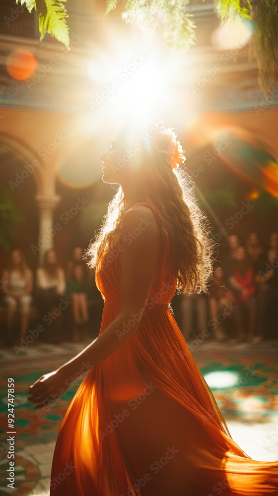 Fototapeta premium Vibrant flamenco dance performance with flowing dress and sunlight.