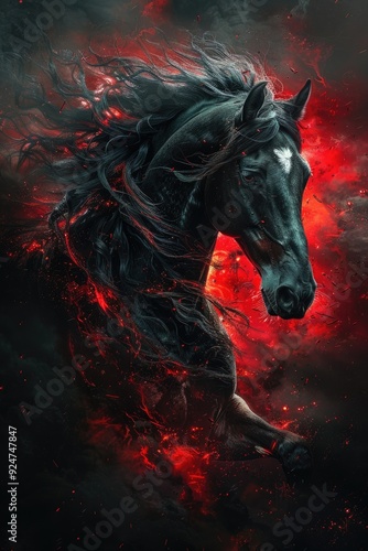 Black Horse in Fiery Sky