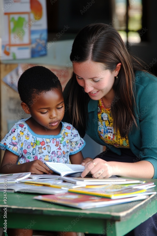 Fototapeta premium A primary school teacher helping a young student with reading, sitting together at a small table with books open
