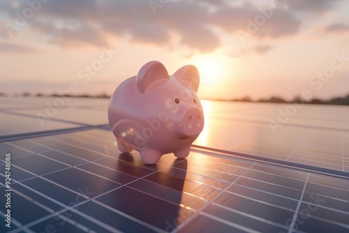 Piggy bank sits on solar panels with sunset in the background highlighting sustainability