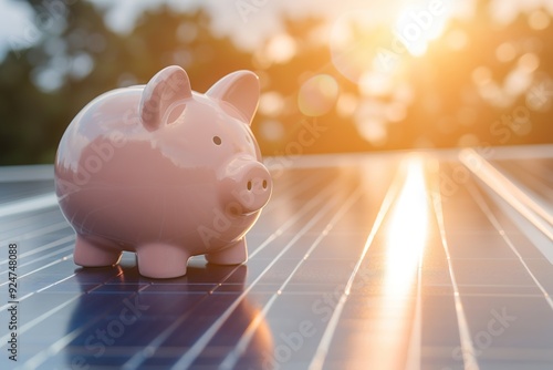 Piggy bank sits on solar panels with sunset in the background highlighting sustainability