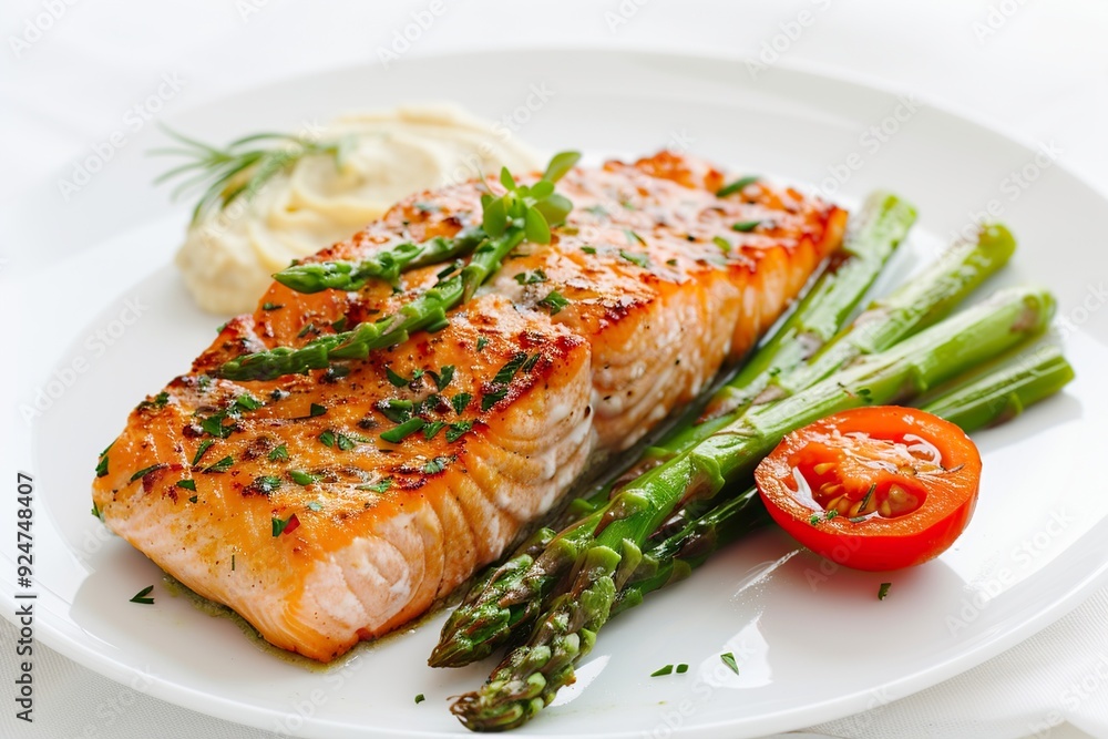 Healthy baked salmon with vibrant asparagus and juicy tomatoes on a plate Healthy baked salmon with vibrant asparagus and juicy tomatoes on a plate