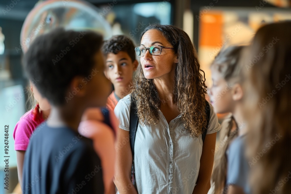 A teacher leading a field trip at a local museum, with students gathered around an exhibit, listening intently A teacher leading a field trip at a local museum, with students gathered around an exhibit, listening intently