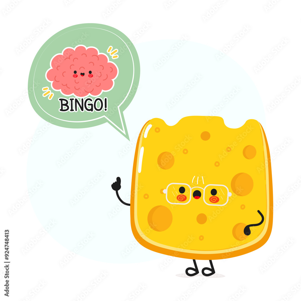 Cheese with speech bubble and brain character. Vector hand drawn cartoon kawaii character illustration. Isolated white background. Cheese poster and brain Cheese with speech bubble and brain character. Vector hand drawn cartoon kawaii character illustration. Isolated white background. Cheese poster and brain