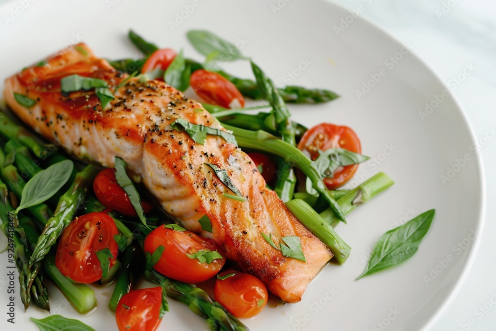 Freshly baked salmon paired with nutritious asparagus and tomatoes on a plate Freshly baked salmon paired with nutritious asparagus and tomatoes on a plate