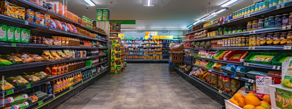 Well-stocked grocery store aisle with packaged goods Well-stocked grocery store aisle with packaged goods