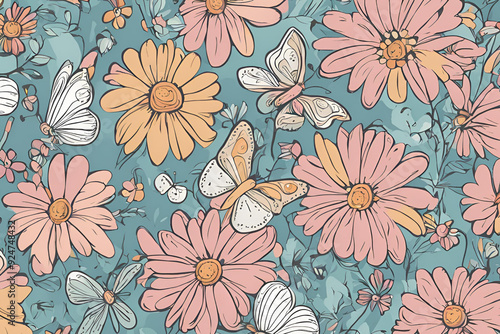 A playful floral pattern with doodle-style daisies and butterflies in pastel colors.