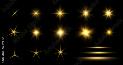 Gold Glow lighting Star. Collection of different light effects on black background. Set of Transparent Sparkling stars. Realistic vector illustration