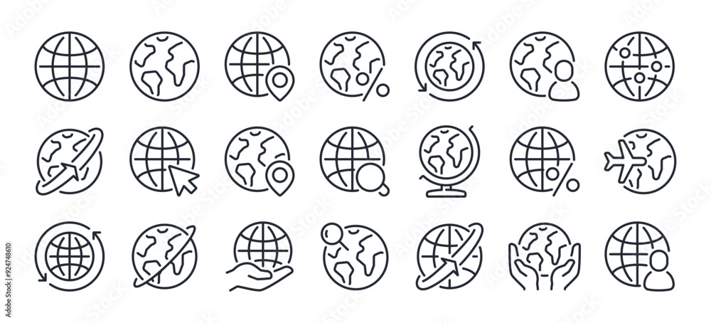 Globe and planet related editable stroke outline icons set isolated on white background flat vector illustration. Pixel perfect. 64 x 64. Globe and planet related editable stroke outline icons set isolated on white background flat vector illustration. Pixel perfect. 64 x 64.