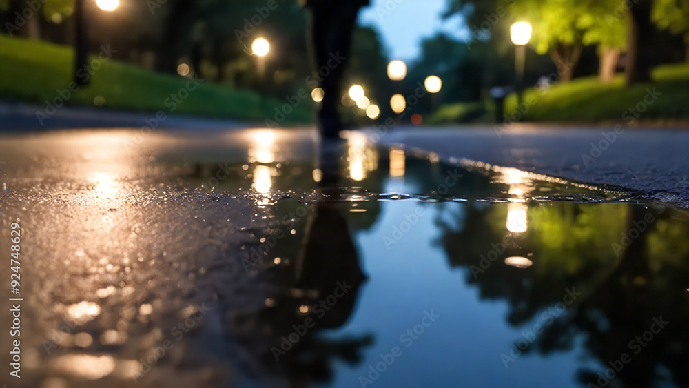 Evening Park Walkway with Reflective Puddle Evening Park Walkway with Reflective Puddle