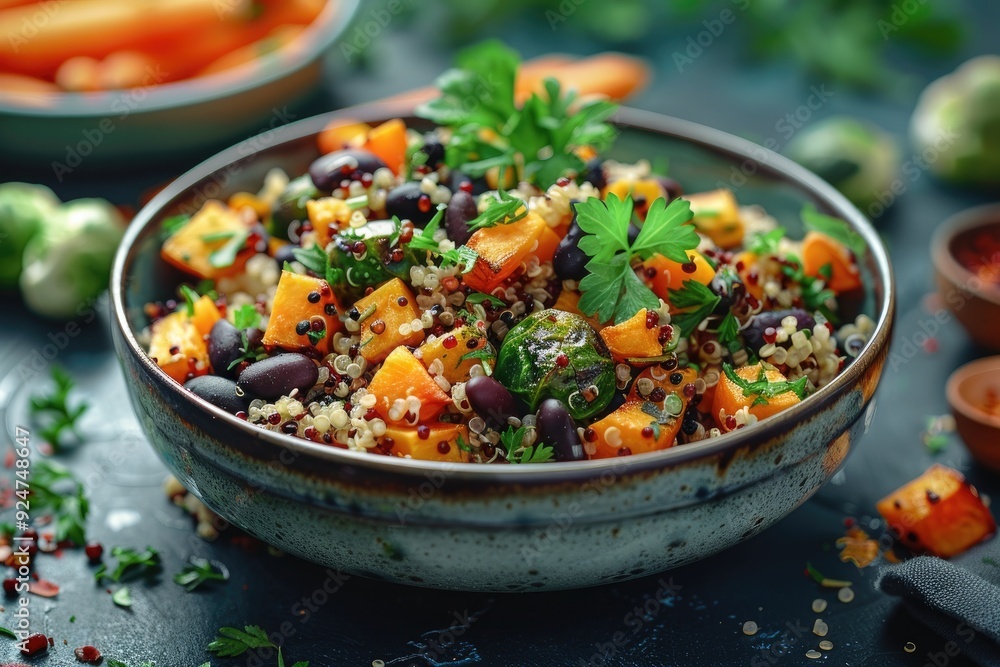 A vibrant quinoa salad with vegetables and herbs, showcasing healthy eating. A vibrant quinoa salad with vegetables and herbs, showcasing healthy eating.